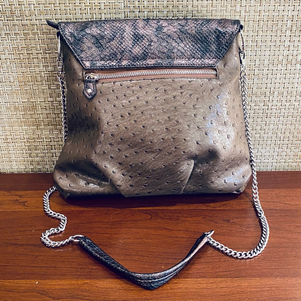 🌟HP🌟EUC Blue Elegance Studded Chrystal Taupe Faux Ostrich Shoulder Bag - Picture 12 of 16